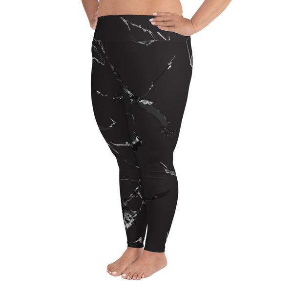 Black Marble Plus Size Leggings, Premium Women's Long Yoga Tights-Made in USA/EU-Women's Plus Size Leggings-Heidi Kimura Art LLC