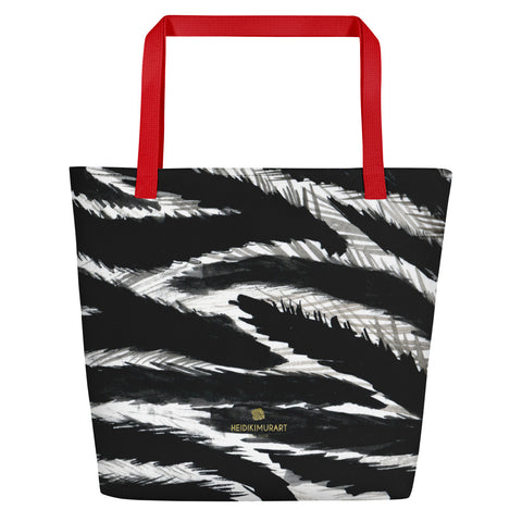 Chic Black White Zebra Animal Pattern Print Large Tote 16"x20" Beach Bag- Made in USA/EU-Beach Tote Bag-Red-Heidi Kimura Art LLC