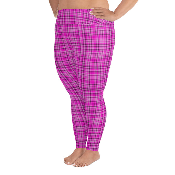Pink Tartan Scottish Plaid Print Women's Long Yoga Pants Plus Size Leggings-Women's Plus Size Leggings-Heidi Kimura Art LLC