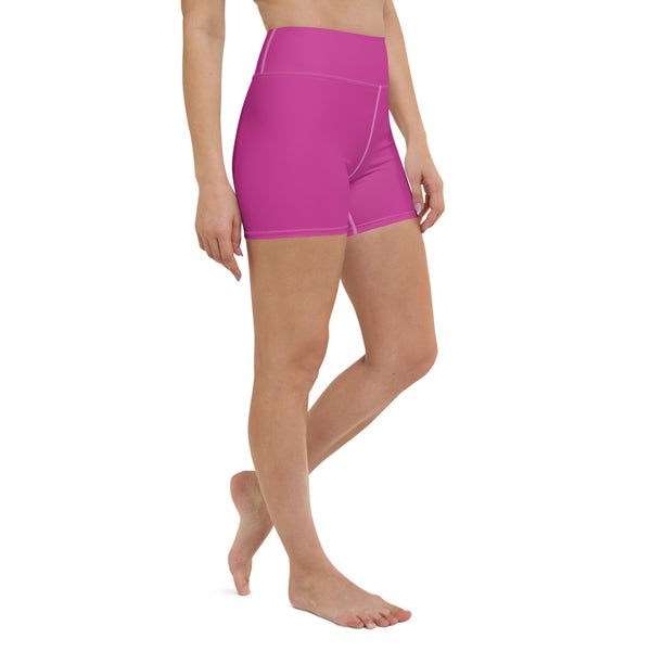 Hot Pink Women's' Yoga Shorts, Sporty Soft Comfy Elastic Tights-Made in USA/EU-Heidi Kimura Art LLC-Heidi Kimura Art LLC Hot Pink Women's Yoga Shorts, Pink Solid Color Premium Quality Women's High Waist Spandex Fitness Workout Yoga Shorts, Yoga Tights, Fashion Gym Quick Drying Short Pants With Pockets - Made in USA/EU (US Size: XS-XL)