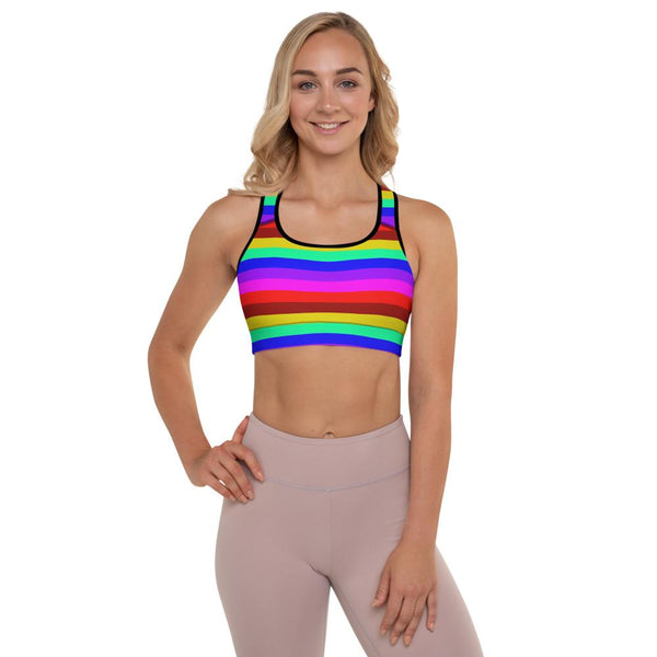 Gay Pride Rainbow Stripe Horizontal Print Women's Padded Sports Bra-Made in USA/EU-Sports Bras-Black-XS-Heidi Kimura Art LLC