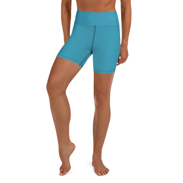 Blue Green Women's Yoga Shorts, Solid Color Elastic Tights-Made in USA/EU-Heidi Kimura Art LLC-Heidi Kimura Art LLC  Peach Pink Women's Yoga Shorts, Pink Solid Color Premium Quality Women's High Waist Spandex Fitness Workout Yoga Shorts, Yoga Tights, Fashion Gym Quick Drying Short Pants With Pockets - Made in USA/EU (US Size: XS-XL)