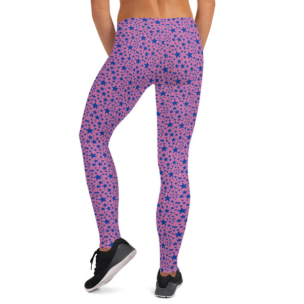 Pink Blue Star Print Pattern Designer Fashion Casual Leggings Workout Tights- Made in USA/EU-Casual Leggings-Heidi Kimura Art LLC
