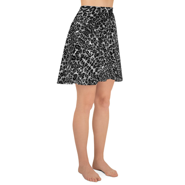 Gray Leopard Print Women's Skater Skirt, Best Gray Leopard Animal Print Alluring Print High-Waisted Mid-Thigh Women's Skater Skirt, Plus Size Available - Made in USA/EU (US Size: XS-3XL) Animal Print skirt, Leopard Print Skater Skirt, Leopard Skater Skirt