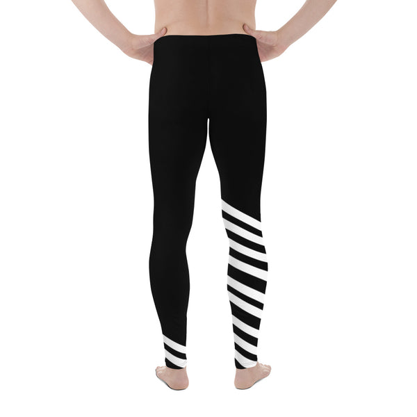 Black White Diagonal Striped Meggings, Men's Athletic Running Leggings-Made in USA/EU-Men's Leggings-Heidi Kimura Art LLC