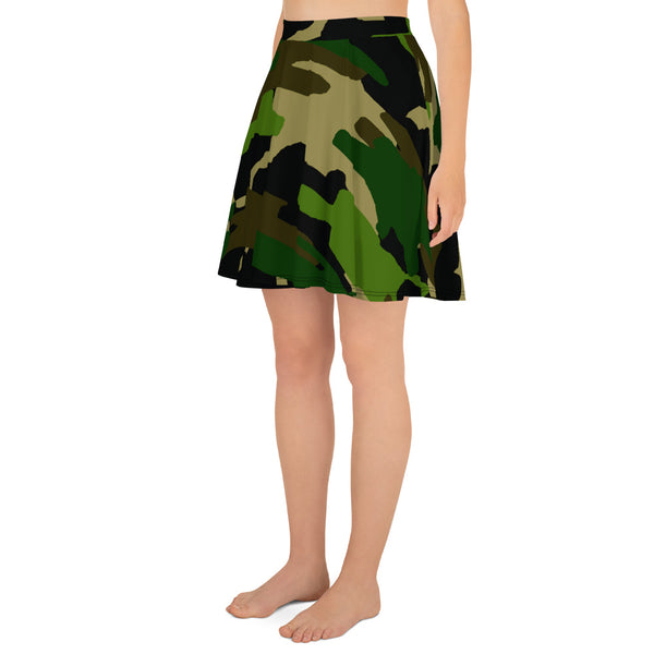 Green Camouflage Military Army Print Premium Women's Skater Skirt - Made in USA/ EU-Skater Skirt-Heidi Kimura Art LLC
