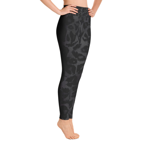 Women's Black Leopard Print Leggings, Animal Print Long Yoga Pants-Made in USA/EU-Leggings-Heidi Kimura Art LLC