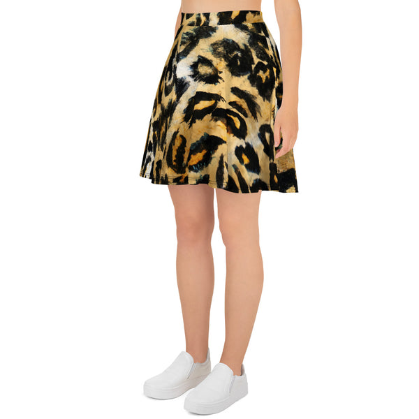 Leopard Print Women's Skater Skirt, Premium Animal Print High Waist Skirt- Made in USA/EU-Skater Skirt-Heidi Kimura Art LLC