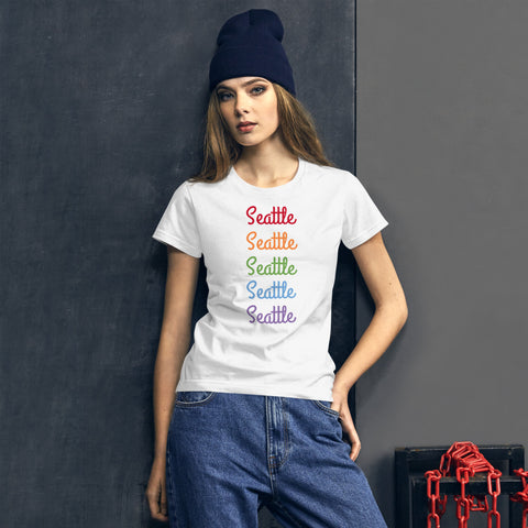 Seattle Rainbow Print Gay Pride 100% Cotton Women's Short Sleeve T-shirt (US Size: S-XL)-T-Shirt-White-S-Heidi Kimura Art LLC