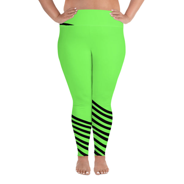 Neon Green Black Diagonal Stripe Women's Elastic Plus Size Leggings - Made in USA-Women's Plus Size Leggings-2XL-Heidi Kimura Art LLC