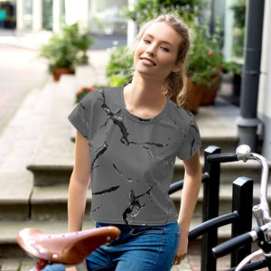 Grey Marble Crop Tee, Marble Print Cropped T-Shirt-Made in USA/EU-Heidi Kimura Art LLC-XS-Heidi Kimura Art LLCGrey Marble Crop Tee, Marble Print Cropped Short T-Shirt Outfit, Crop Tee Top Women's T-Shirt, Made in Europe, (US Size: XS-3XL) Plus Size Available 