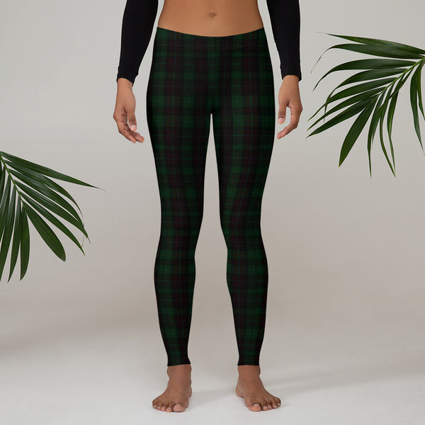 Dark Green Plaid Leggings, Tartan Classic Women's Casual Leggings-Made in USA/EU-Heidi Kimura Art LLC-Heidi Kimura Art LLC