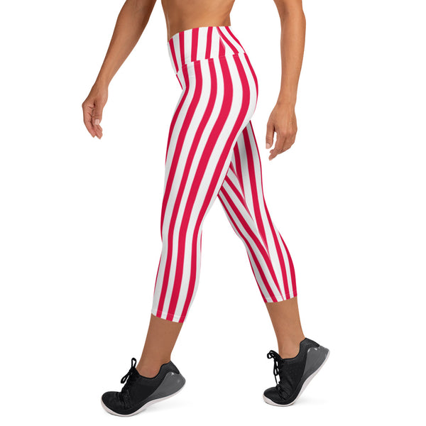 Red Striped Women's Capri Pants, Red White Vertically Striped Print Capri Leggings Women's Yoga Pants w/ Pockets - Made in USA/EU/MX (US Size: XS-XL) Candy Cane Christmas Leggings For Women
