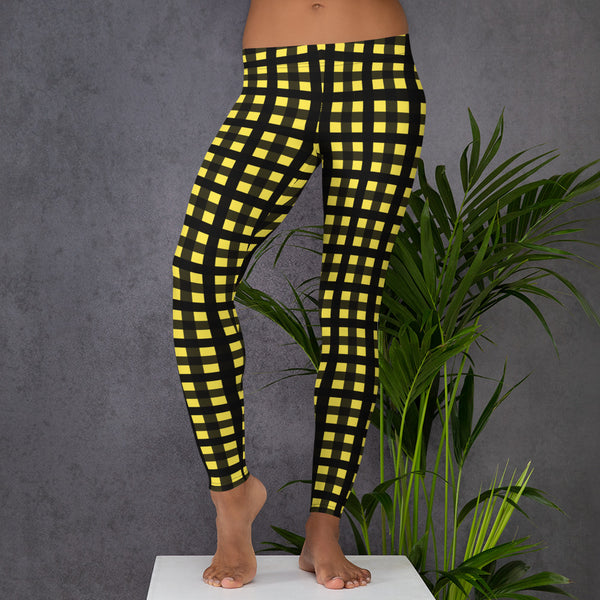 Yellow Buffalo Plaid Print Women's Leggings, Classic Long Dressy Tights- Made in USA/EU-Casual Leggings-Heidi Kimura Art LLC