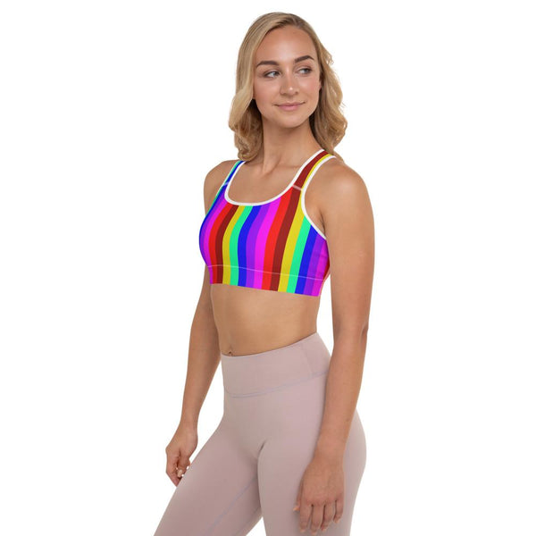Rainbow Stripe Print Women's Designer Padded Gym Fitness Sports Bra-Made in USA/EU-Sports Bras-Heidi Kimura Art LLC