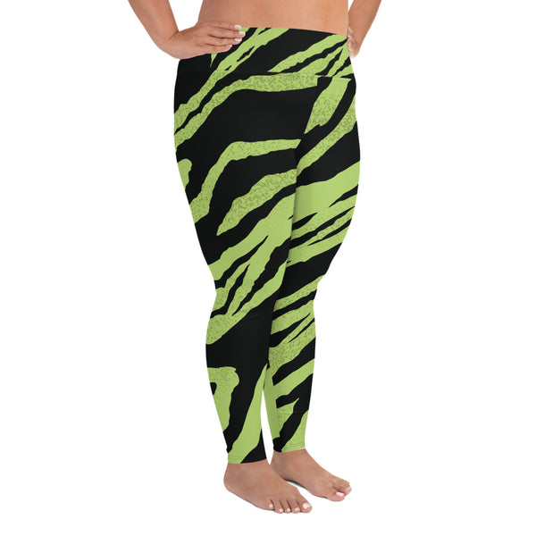 Green & Black Tiger Stripe Animal Print Women's Long Yoga Pants-Women's Plus Size Leggings-Heidi Kimura Art LLC Green Tiger Plus Size Leggings, Green & Black Tiger Stripe Animal Print Women's Long Yoga Pants High Waist Plus Size Leggings- Made in USA/EU (US Size: 2XL-6XL)