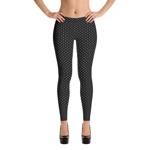 Black White Dots Women's Leggings, Casual Long Leggings-Made in USA/EU-Heidi Kimura Art LLC-Heidi Kimura Art LLC