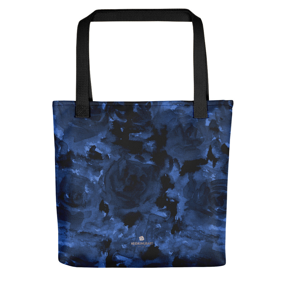 Classic Royal Deep Blue Floral Print Designer 15" x 15" Square Tote Bag - Made in USA/EU-Tote Bag-Heidi Kimura Art LLC