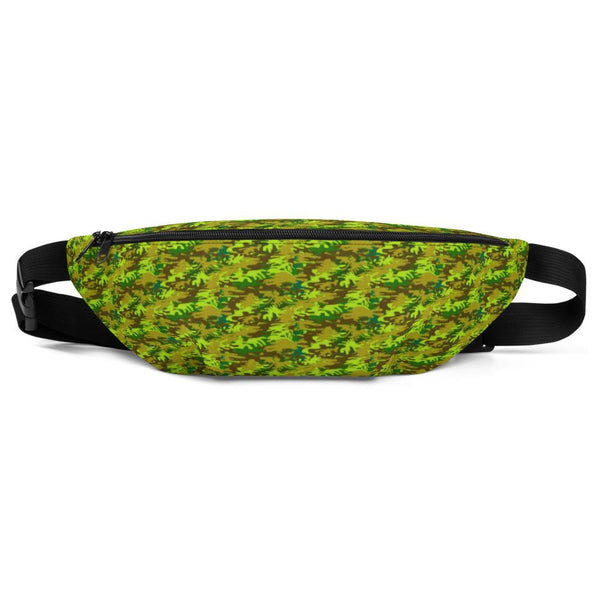 Bright Green Camo Army Camouflage Print Designer Fanny Pack Belt Bag- Made in USA-Fanny Pack-S/M-Heidi Kimura Art LLC
