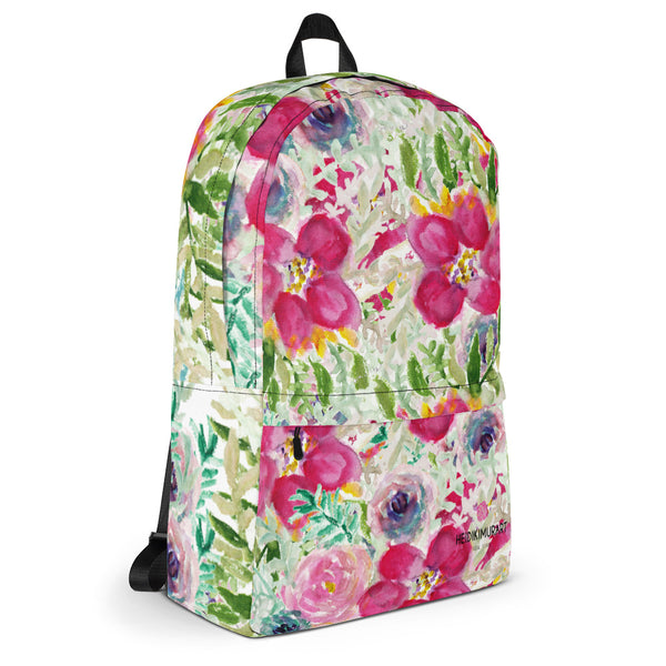 Pink Watercolor Floral Print Designer Medium Size (Fits 15" Laptop) Backpack-Made in USA/ Europe-Backpack-Heidi Kimura Art LLC