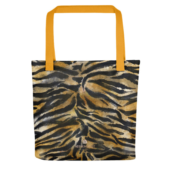Tiger Striped Tote Bag, Tiger Animal Print Designer 15" x 15" Tote Bag - Made in USA/EU-Tote Bag-Yellow-Heidi Kimura Art LLC