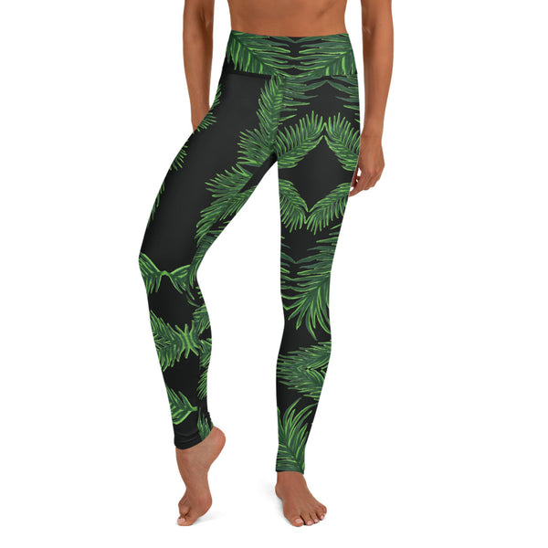 Black Tropical Leaf Print Yoga Leggings, Green Palm Leaf Women's Yoga Tights-Made in USA/EU-Heidi Kimura Art LLC-Heidi Kimura Art LLC