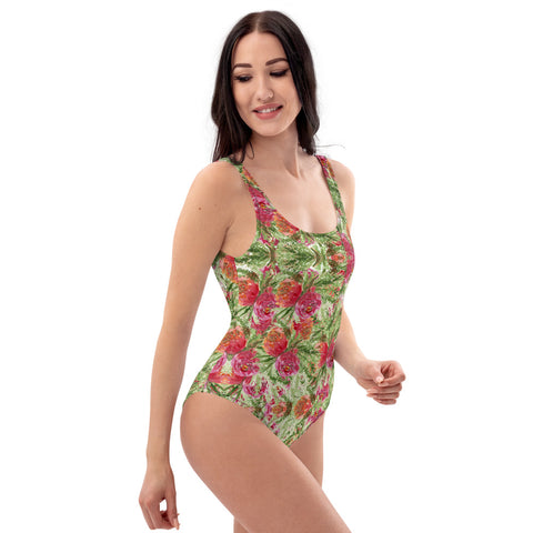 Red Roses One-Piece Swimsuit, Garden Rose Floral Print Women's Swimwear-Made in USA/EU-Heidi Kimura Art LLC-Heidi Kimura Art LLC Red Roses One-Piece Swimsuit, Garden Rose Floral Print Luxury 1-Piece Unpadded Swimwear Bathing Suits, Beach Wear - Made in USA/EU/MX (US Size: XS-3XL) Plus Size Available
