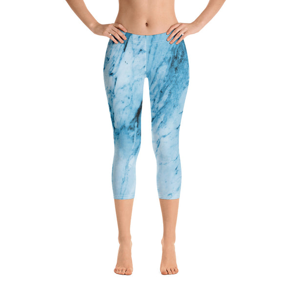 Blue Marble Capri Leggings, Abstract Print Women's Capris Tights-Heidi Kimura Art LLC-Heidi Kimura Art LLC