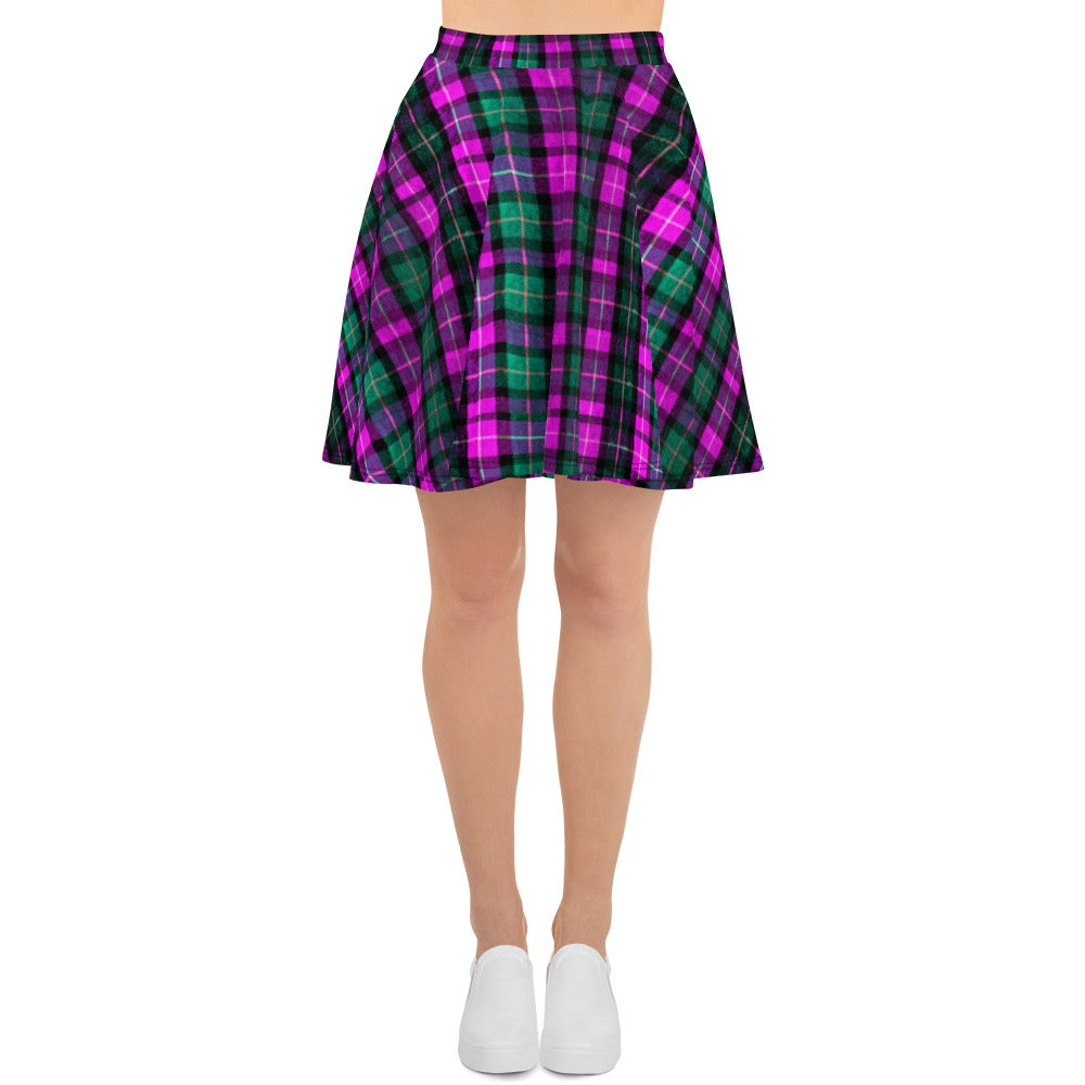 Pink Green Plaid Tartan Scottish Print High-Waisted Women's Skater Skirt-Made in USA/EU-Skater Skirt-XS-Heidi Kimura Art LLC