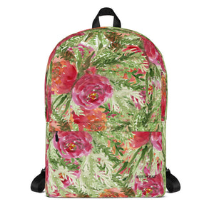 Orange Red Rose Watercolor Floral Print Medium Size (Fits 15" Laptop) Backpack Bag-Backpack-Heidi Kimura Art LLC Red Rose Floral Backpack, Orange Red Rose Watercolor Floral Print Designer Medium Size (Fits 15" Laptop) Backpack - Made in USA/ Europe