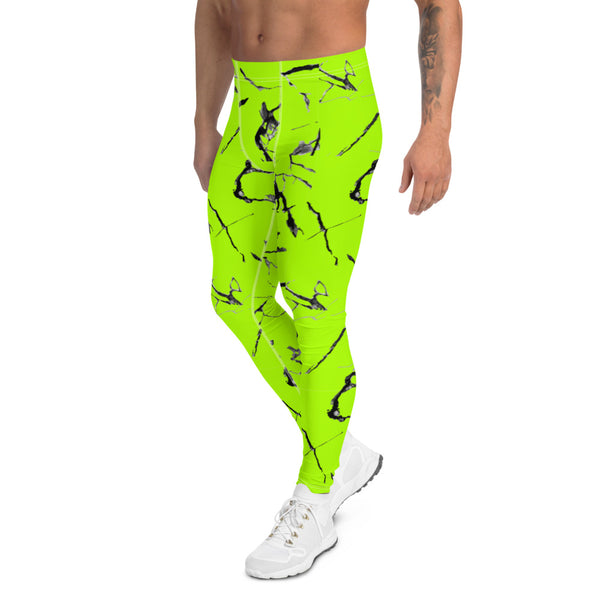 Bright Neon Green Men's Leggings, Marble Print Meggings Compression Tights-Heidikimurart Limited -Heidi Kimura Art LLC Bright Neon Green Men's Leggings, Marble Print Abstract  Men's Leggings Tights Pants - Made in USA/EU (US Size: XS-3XL)Sexy Costume, Bright Colorful Party Meggings Men's Workout Gym Tights Leggings