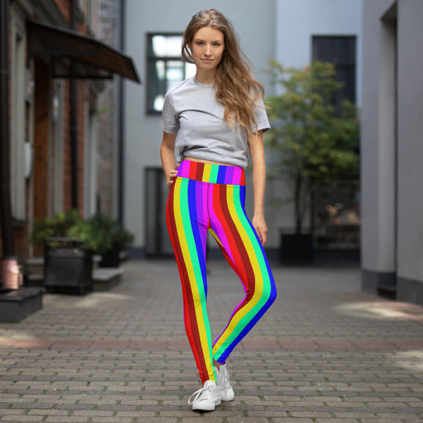 Gay Pride Rainbow Striped Tights, Colorful Ladies Yoga Leggings-Made in USA/EU-Heidi Kimura Art LLC-Heidi Kimura Art LLC