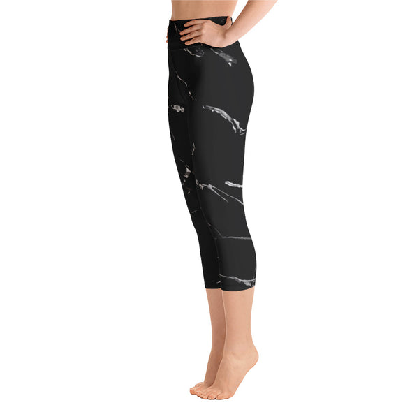Black Marble Print Capri Leggings, Abstract Women's Yoga Stretchy Pants-Made in USA/ EU-Capri Yoga Pants-Heidi Kimura Art LLC
