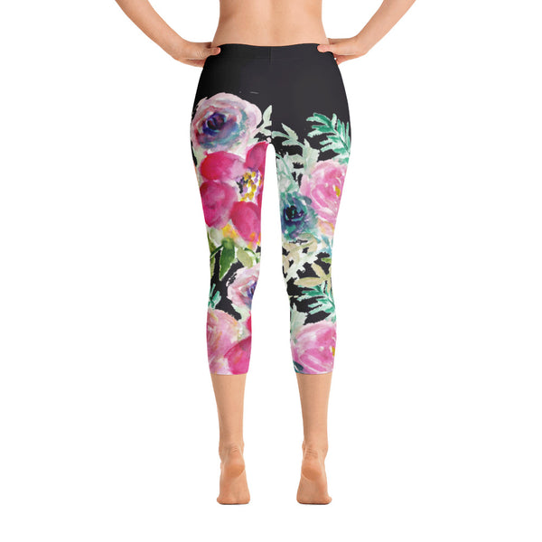 Floral Rose Pattern Women's Fashion Designer Capri Leggings Tights- Made in USA-capri leggings-XS-Heidi Kimura Art LLC