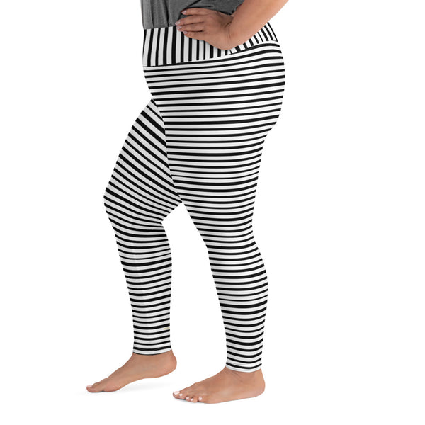 Horizontal Black White Striped Print Women's Plus Size Leggings Yoga Pants- Made in USA/EU-Women's Plus Size Leggings-Heidi Kimura Art LLC
