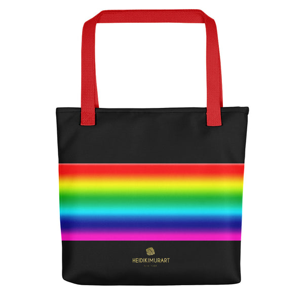 Bright Colorful Rainbow Stripe Black Premium 15"x15" Square Tote Bag- Made in USA/EU-Tote Bag-Red-Heidi Kimura Art LLC