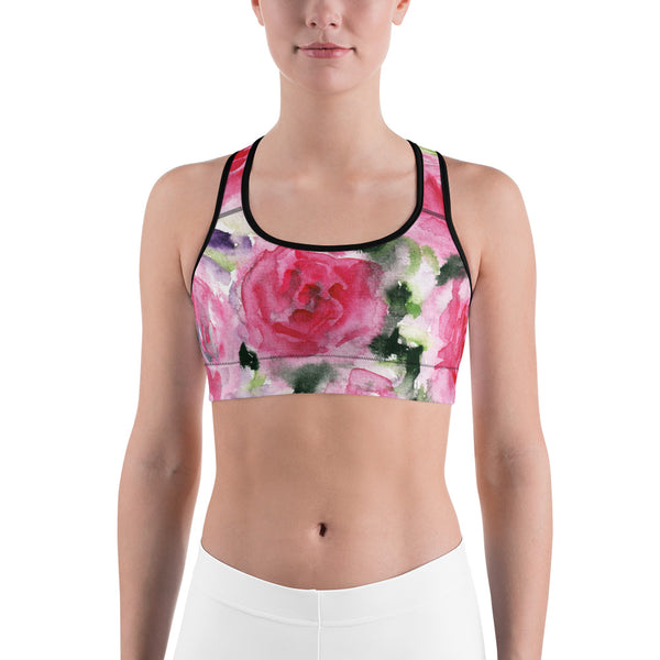 Pink Rose Floral Flower Print Women's Sports Workout Fitness Yoga Bra-Made in USA-Sports Bras-Black-XS-Heidi Kimura Art LLC