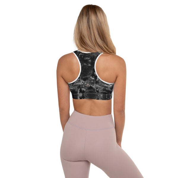 Black Floral Padded Sports Bra, Abstract Flower Rose Print Designer Premium Quality Women's Padded Yoga Gym Workout Sports Bra For Female Athletes or Dancers/ Yoga/ Pilates Lovers - Made in USA/ EU/ MX (US Size: XS-2XL)