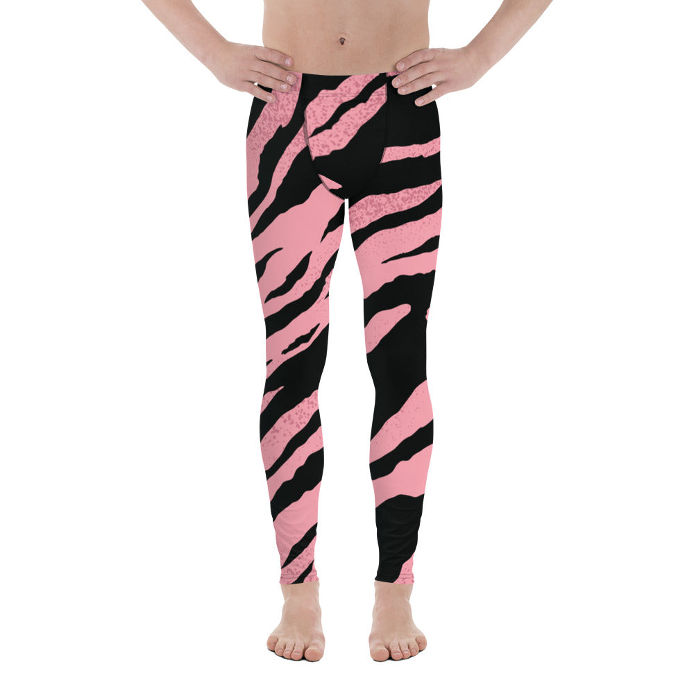Pink Black Zebra Striped Animal Print Men's Workout Gym Sexy Leggings Tights Pants-Men's Leggings-XS-Heidi Kimura Art LLC