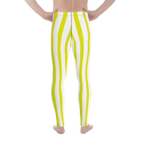 Yellow & White Stripes Men's Running Leggings & Run Tights Meggings-Made in USA/EU-Men's Leggings-Heidi Kimura Art LLC