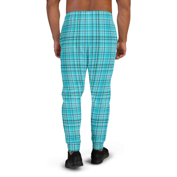 Light Blue Tartan Print Men's Joggers Premium Plaid Print Casual Sweatpants - Made in EU-Men's Joggers-Heidi Kimura Art LLC