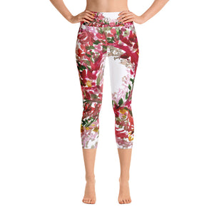 Red Floral Print Women's Capri Leggings, Best Autumn Red Capris Leggings- Made in USA/EU-Capri Yoga Pants-XS-Heidi Kimura Art LLC