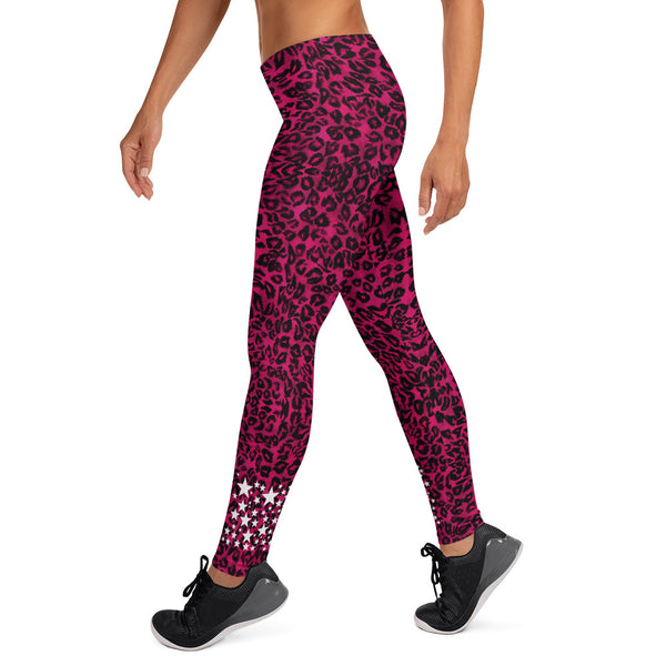 Pink Leopard Women's Leggings, White Stars Casual Tights-Made in USA/EU-Heidi Kimura Art LLC-Heidi Kimura Art LLC