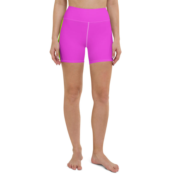 Neon Green Pink Yoga Shorts, Women's Solid Color Short Tights-Made in USA/EU-Heidi Kimura Art LLC-XS-Heidi Kimura Art LLC Hot Pink Yoga Shorts, Solid Color Modern Minimalist Premium Quality Women's High Waist Spandex Fitness Workout Yoga Shorts, Yoga Tights, Fashion Gym Quick Drying Short Pants With Pockets - Made in USA/EU (US Size: XS-XL)
