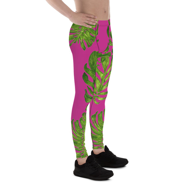 Hot Pink Green Tropical Leaf Print Men's Leggings Pants-Made in USA/EU (US Size: XS-3XL)-Men's Leggings-Heidi Kimura Art LLC