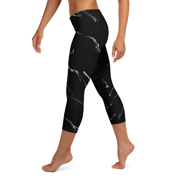 Black Marble Print Women's Designer Casual Fashion Capri Leggings- Made in USA/ EU-capri leggings-Heidi Kimura Art LLC