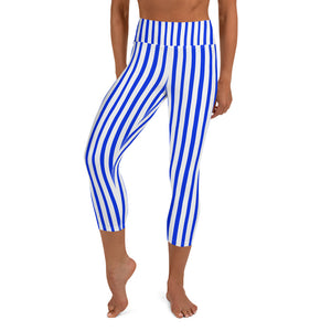Blue White Vertical Stripe Print Women's Yoga Capri Leggings Pants- Made in USA/ EU-Capri Yoga Pants-XS-Heidi Kimura Art LLC