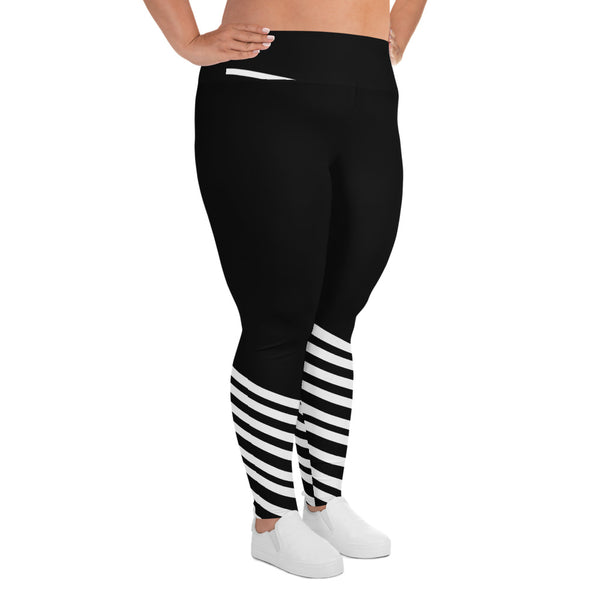 Black White Striped Plus Size leggings, Diagonal Stripe Women's Tights-Made in USA/EU-Women's Plus Size Leggings-Heidi Kimura Art LLC