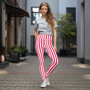 Red White Striped Yoga Leggings, Circus Vertically Stripes Women's Long Pants-Heidikimurart Limited -XS-Heidi Kimura Art LLC Red White Striped Yoga Leggings, Circus Vertically Stripes Patterned Colorful Ladies' Abstract Print Gym Active Fitted Leggings Sports Yoga Pants - Made in USA/EU/MX (US Size: XS-XL)