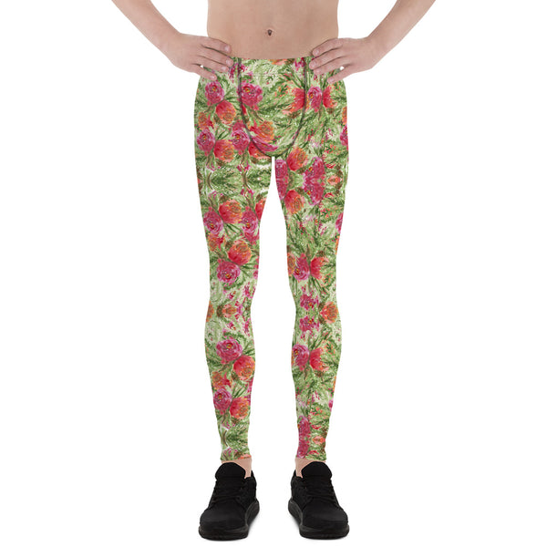 Garden Rose Men's Leggings, Floral Print Meggings Compression Tights-Heidi Kimura Art LLC-Heidi Kimura Art LLC